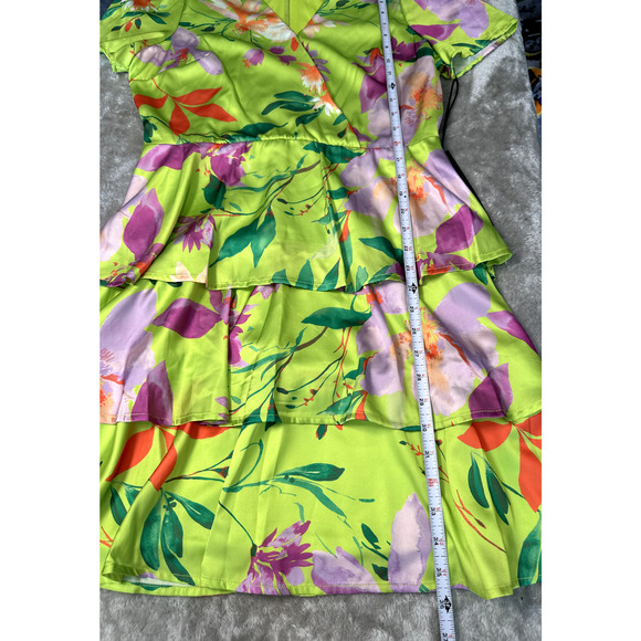 Nicole Miller Satin Neon Green Floral Tiered Ruffle Dress Womens Size M NEW - Picture 5 of 8